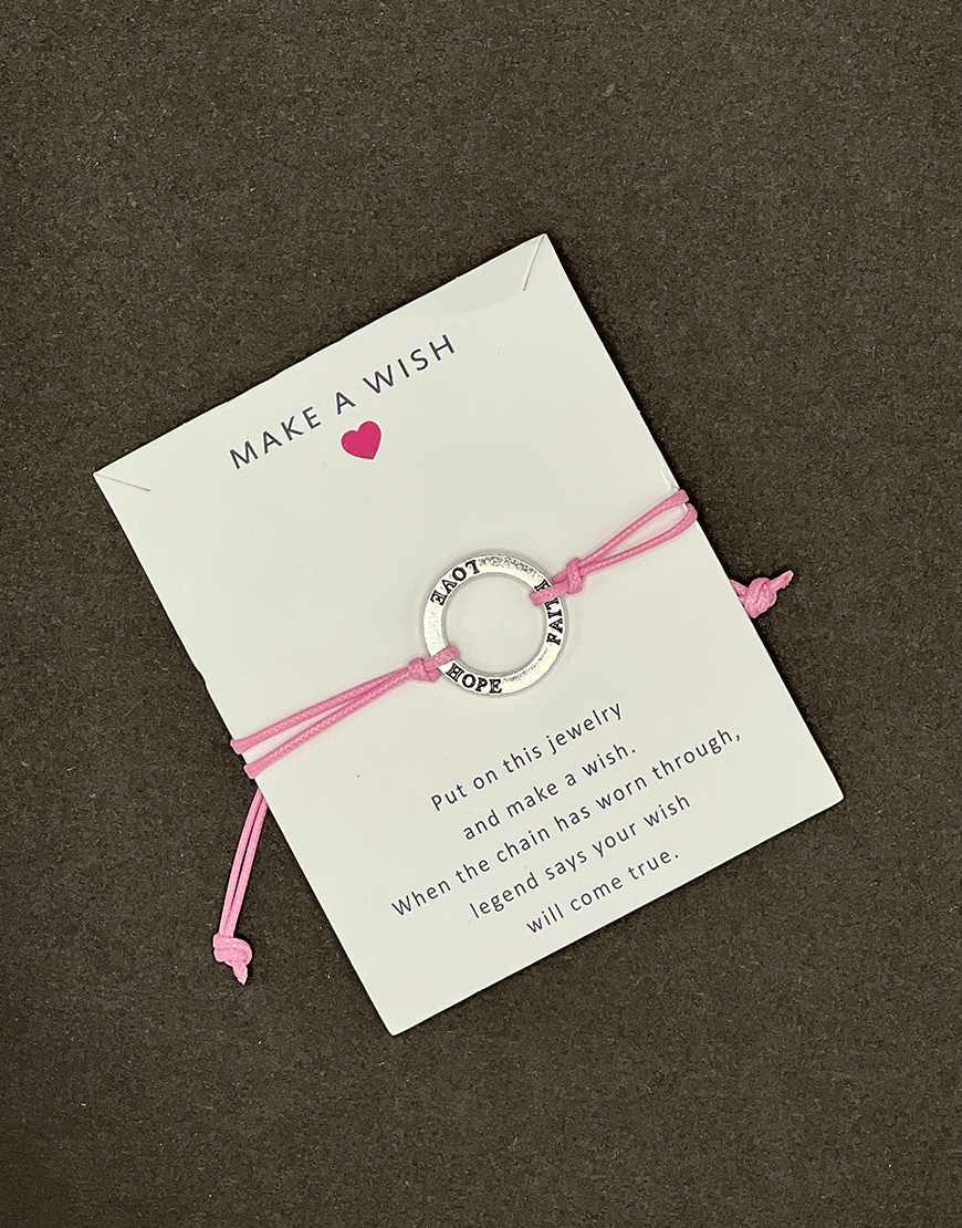 Hope, Faith, Love ring-shaped charm bracelet with sliding knot on baby pink ribbon