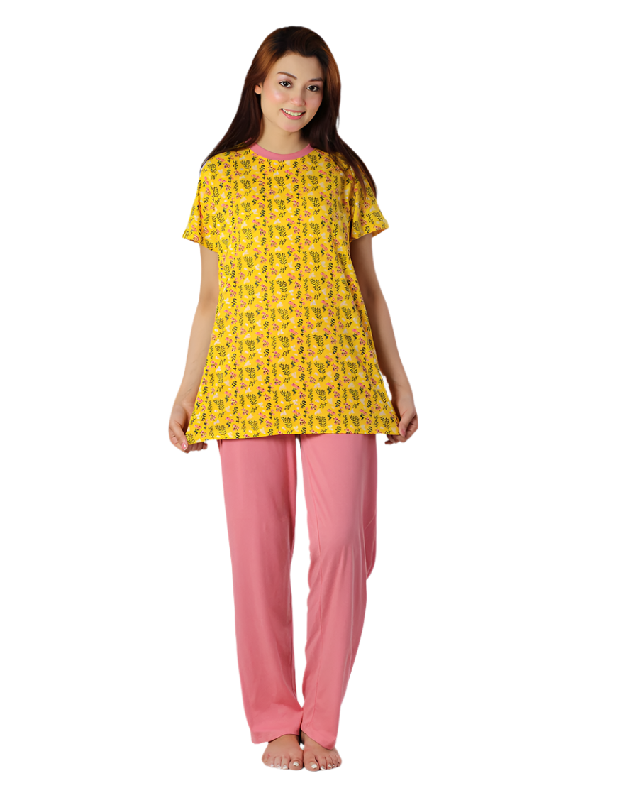 Losha Baumwoll-Print-Top und Pyjama-Set – Gelb