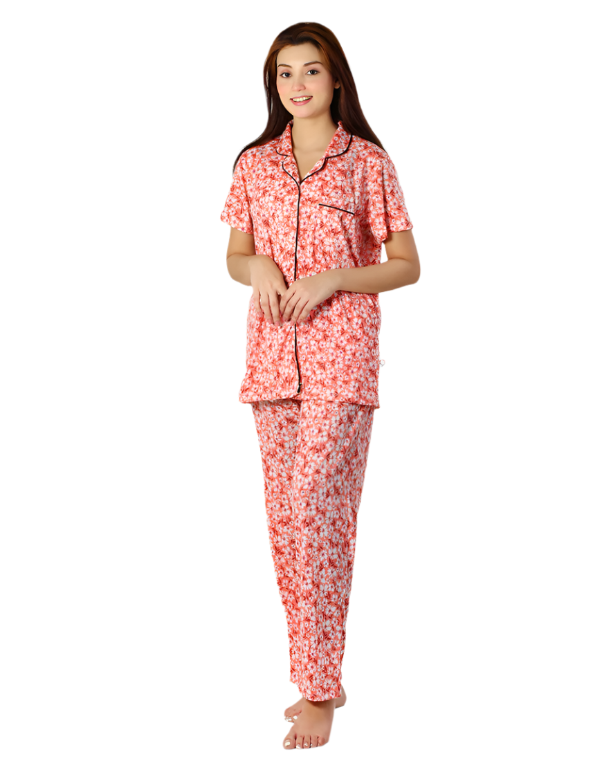Siesta Baumwoll-Hemd- und Pyjama-Set mit Knopfleiste – Blumenmuster Pfirsich