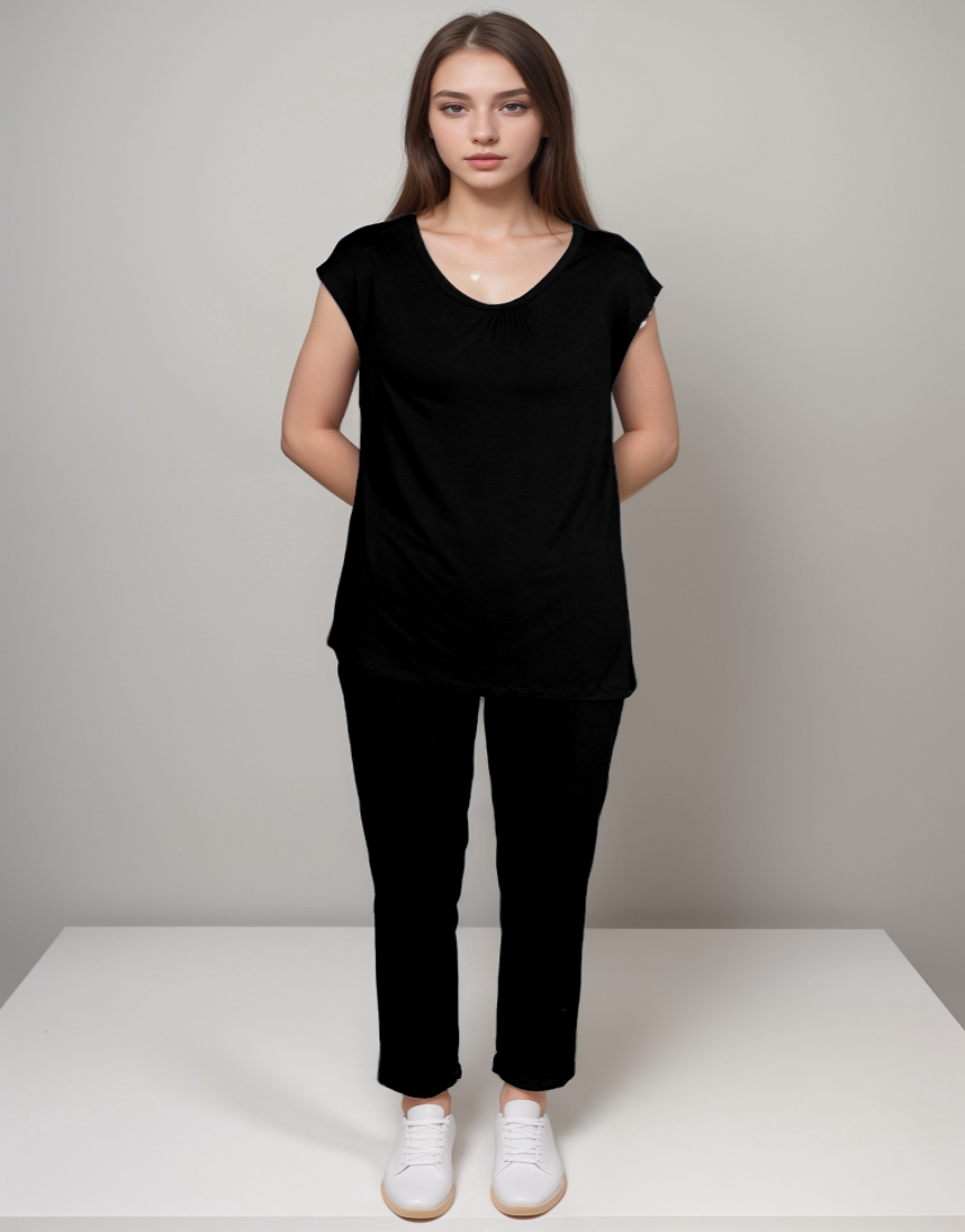 Zweiteiliges Capri-Pyjama-Set aus Baumwoll-Viscose – Jet Schwarz
