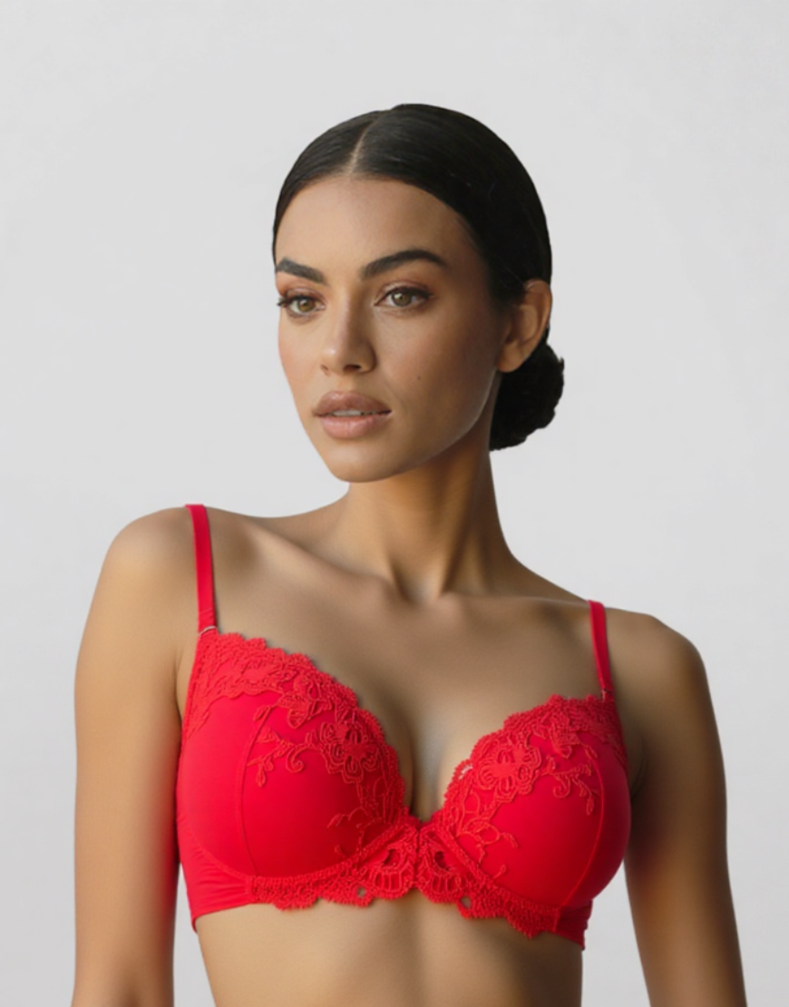 Lightly padded underwire bra with matching panty – Red