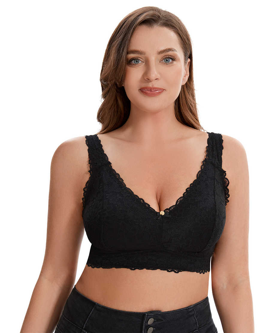 Losha Curvy Double Layered All-Over Lace Bralette – Black