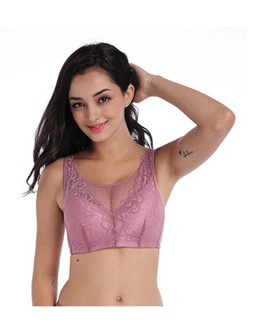 Fashionable lace post-surgery bra with pockets – purple