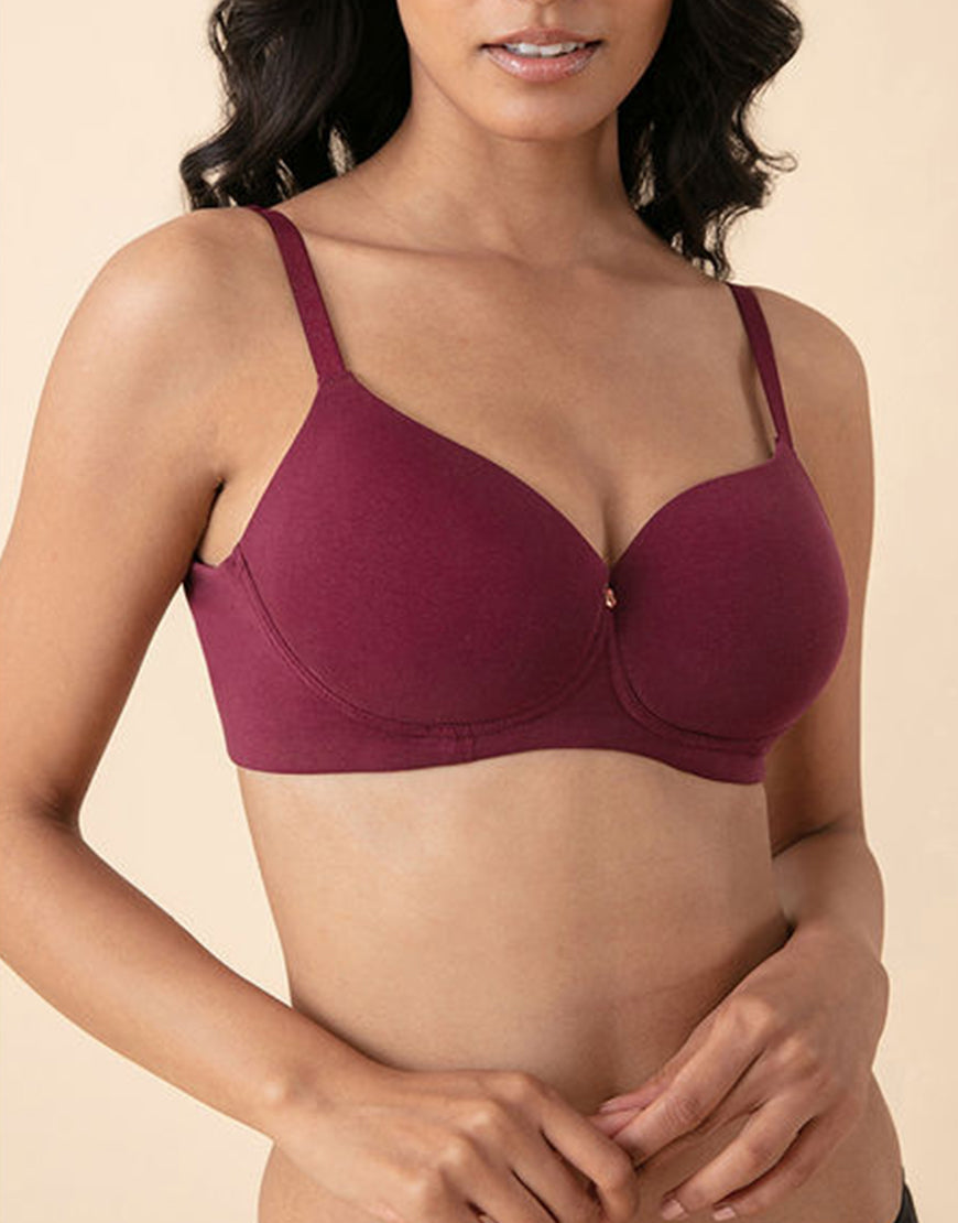 Side-smoothing, bio-washed, antibacterial cotton T-shirt bra without underwire – Chestnut brown