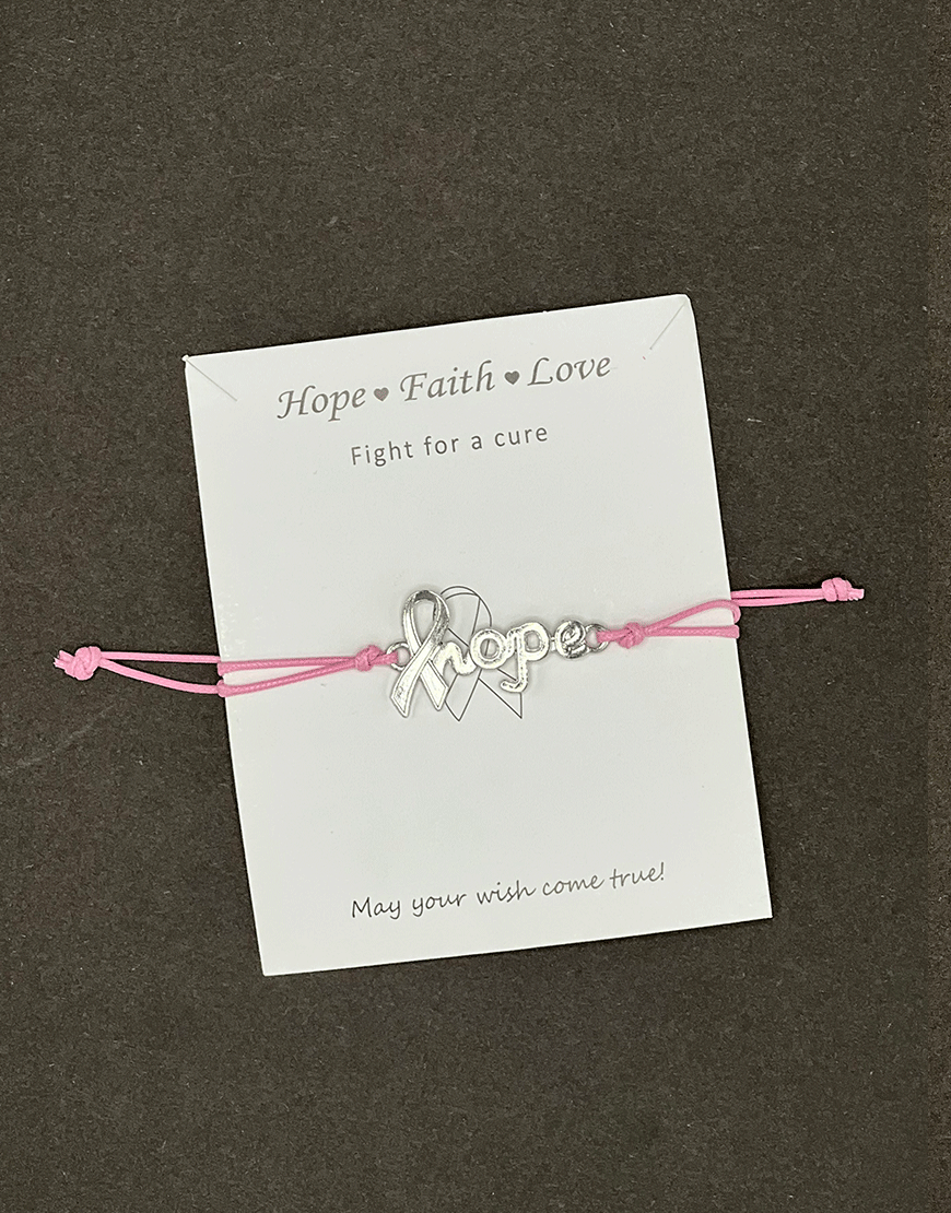 Silver Hope charm bracelet with sliding knot on baby pink ribbon