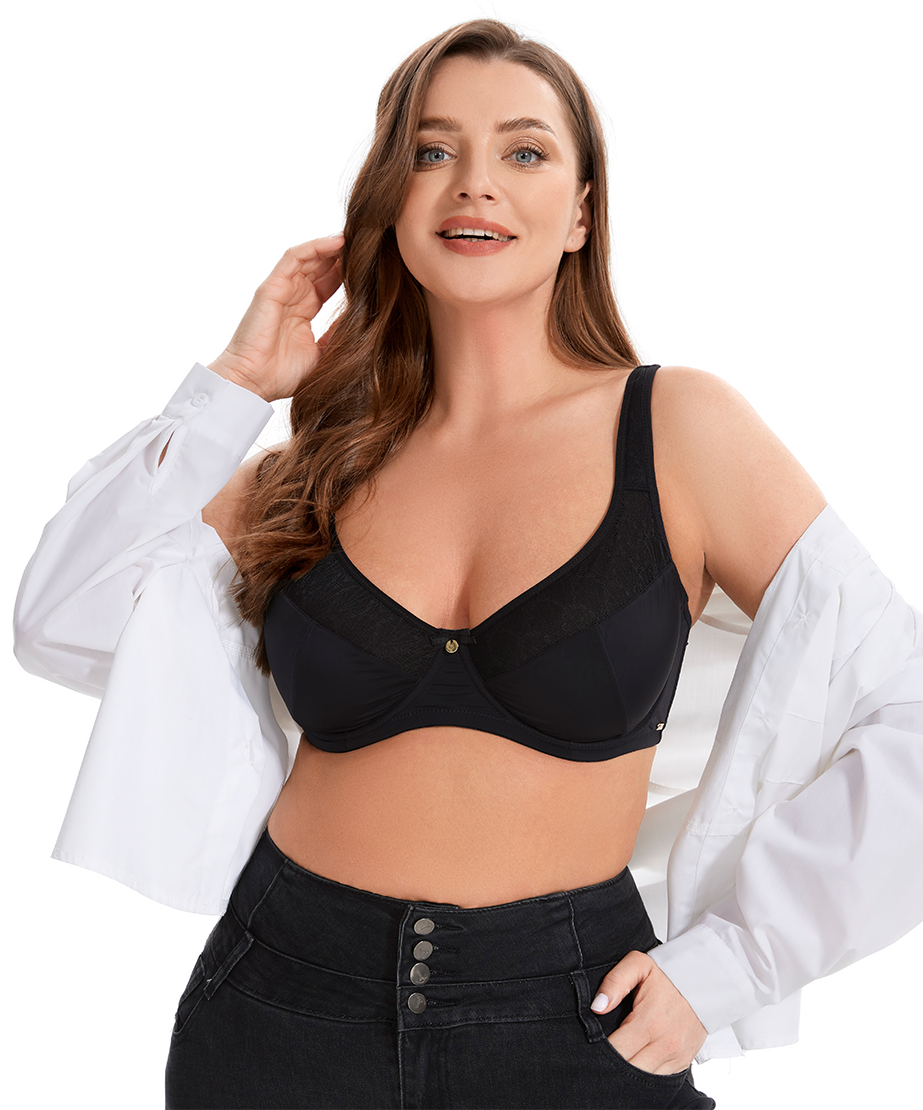 Losha Curvy Double Layer Minimizer Underwire Bra with Lace Detail – Black