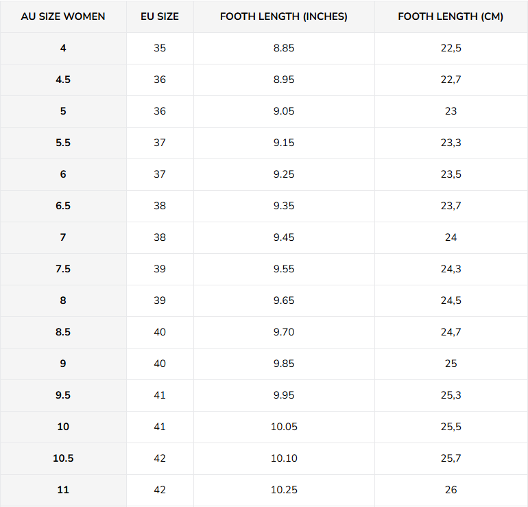 Size chart for Lena – Orthopedic boots 