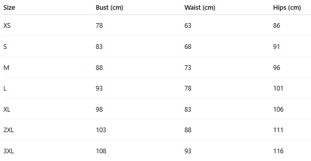 Size chart for Leaflight Muse Shirt