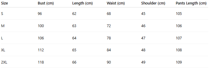 Size chart for Gaia Luxury Set