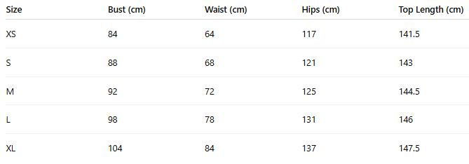 Size chart for Amara Breeze Set