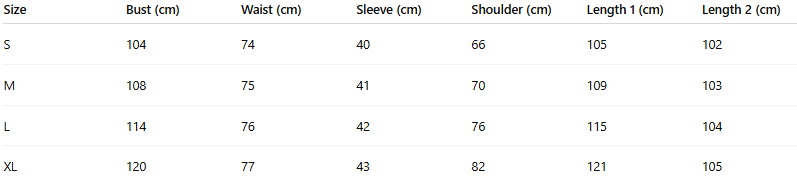 Size chart for Alba Set