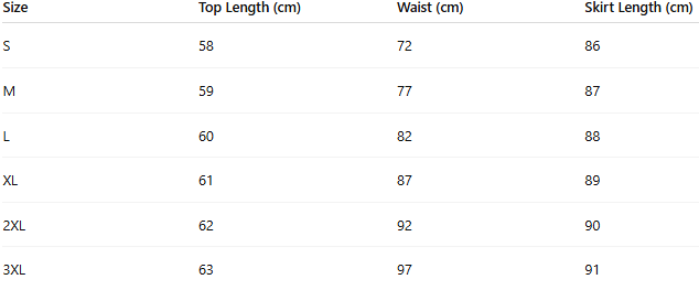 Size chart for Savana Luxury Set