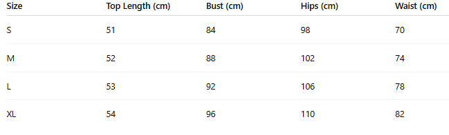 Size chart for Solara Drift Set