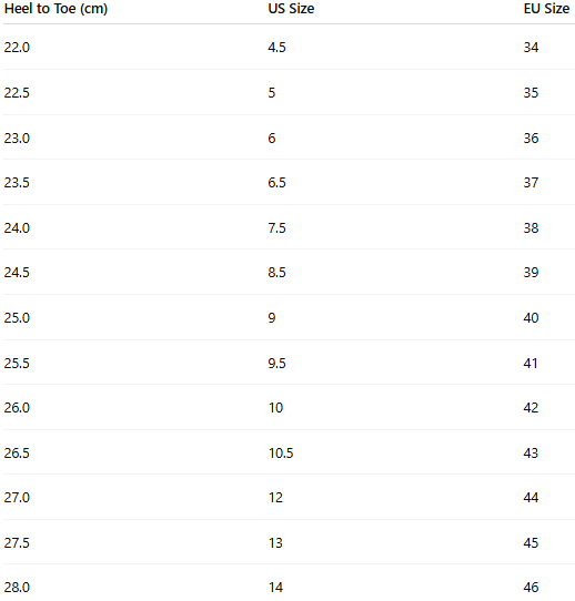 Size chart for Skye - Orthopedic Boots