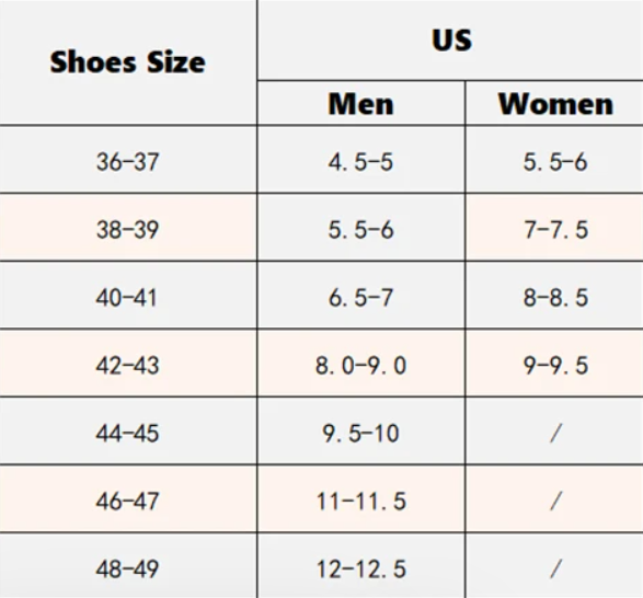 Size chart for Selvie Winter Slides