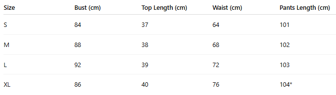 Size chart for Golden Hour Luxury Set