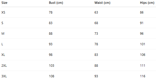 Size chart for Solara Tie-Wrap Dress