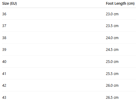 Size chart for Loly – Orthopädische Stiefel