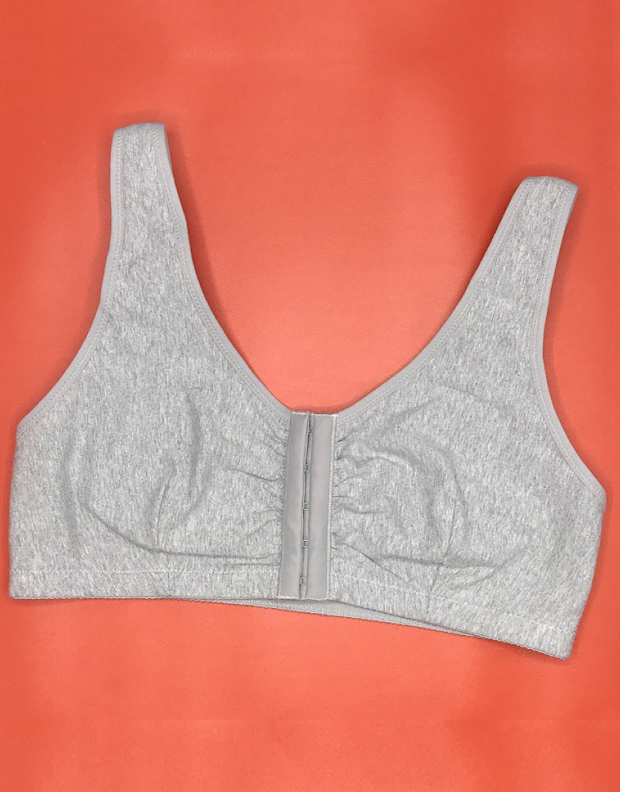 Cotton Post-Operative Bra with Front Closure and Pockets – Grey