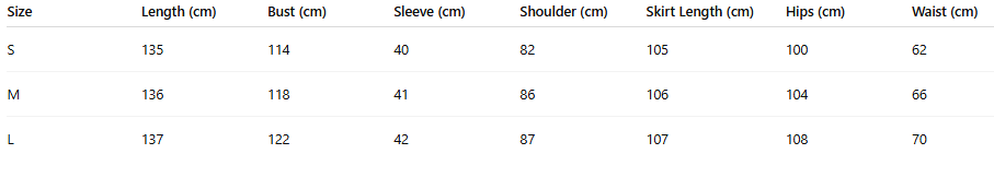 Size chart for Celeste Set