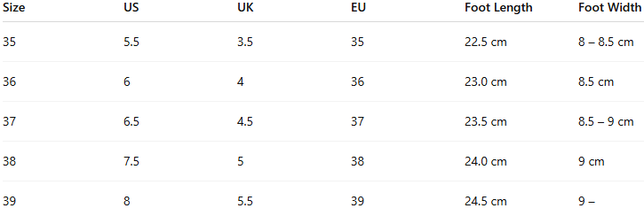 Size chart for Melinda – Orthopedic boots