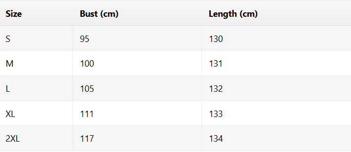 Size chart for Evelyn | Elegant Maxi Dress With Tummy Coverage