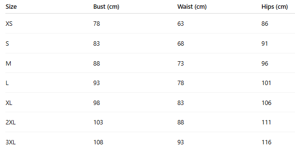 Size chart for Lioren satin set
