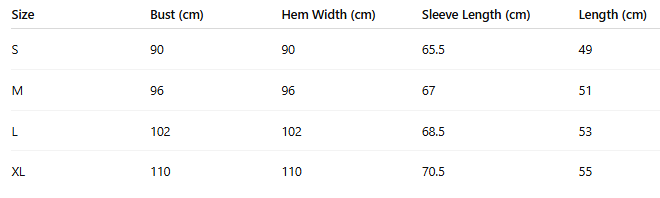 Size chart for Sahara Breeze Sweater