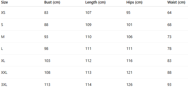 Size chart for Zariah Set 