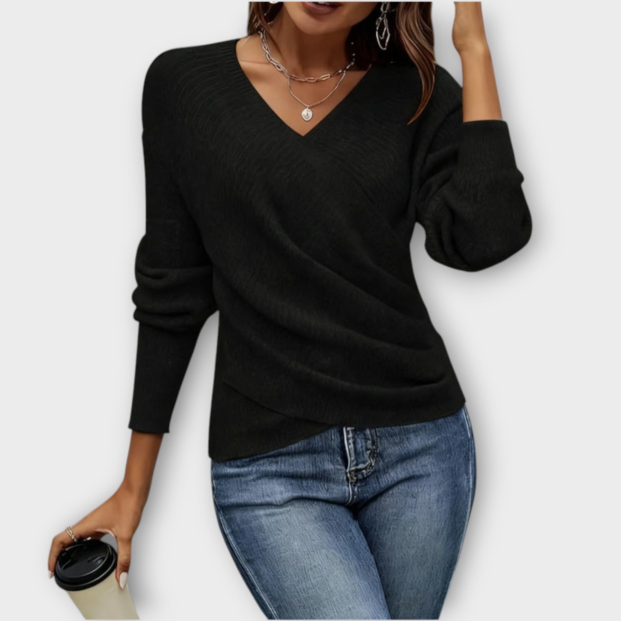 Soft Wrap-Style V-Neck Knit Top