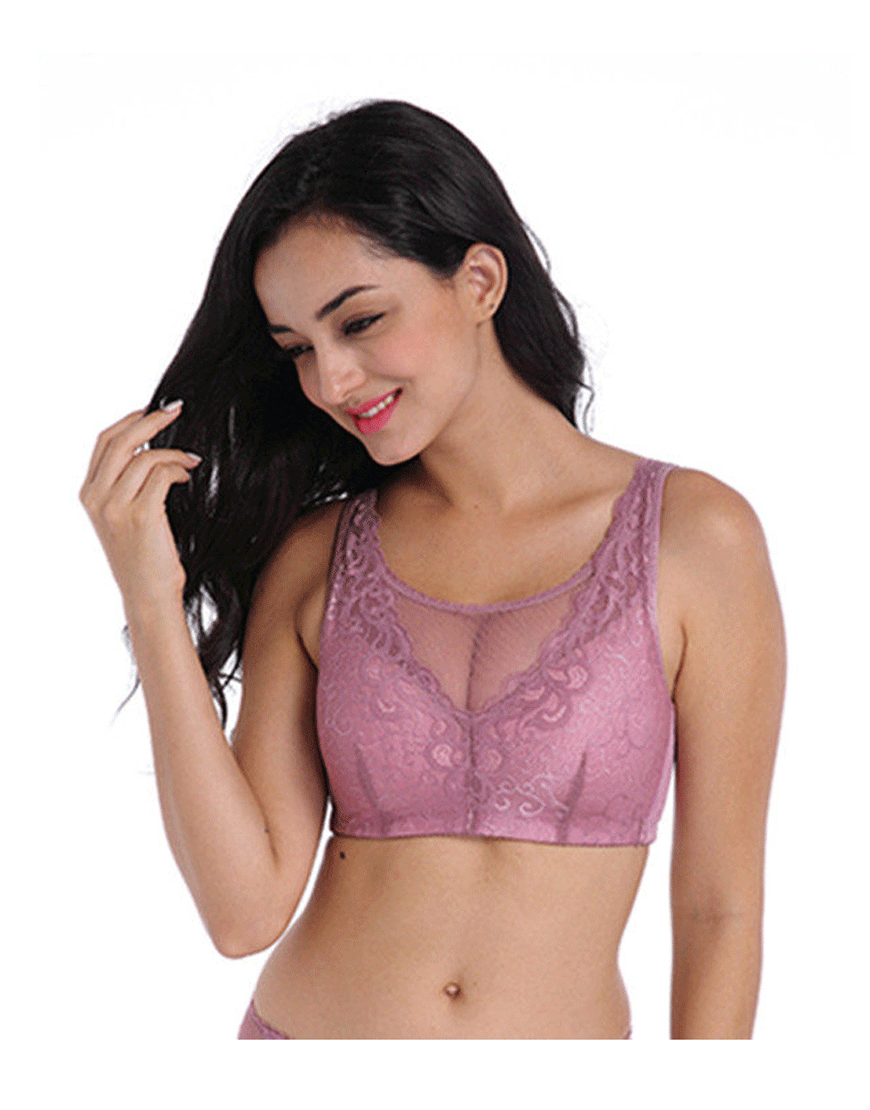 Fashionable lace post-surgery bra with pockets – purple