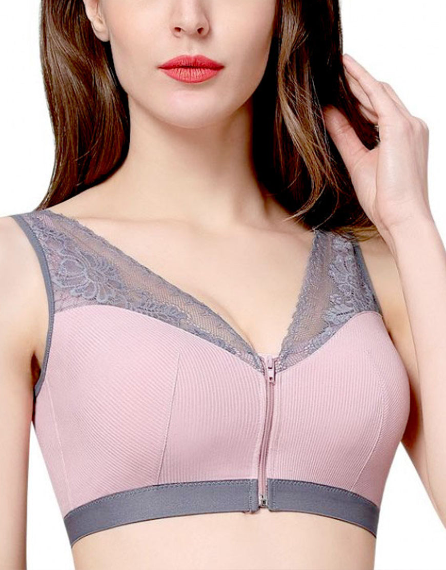 Ribbed fabric, front zip postoperative bra with pockets – Pink