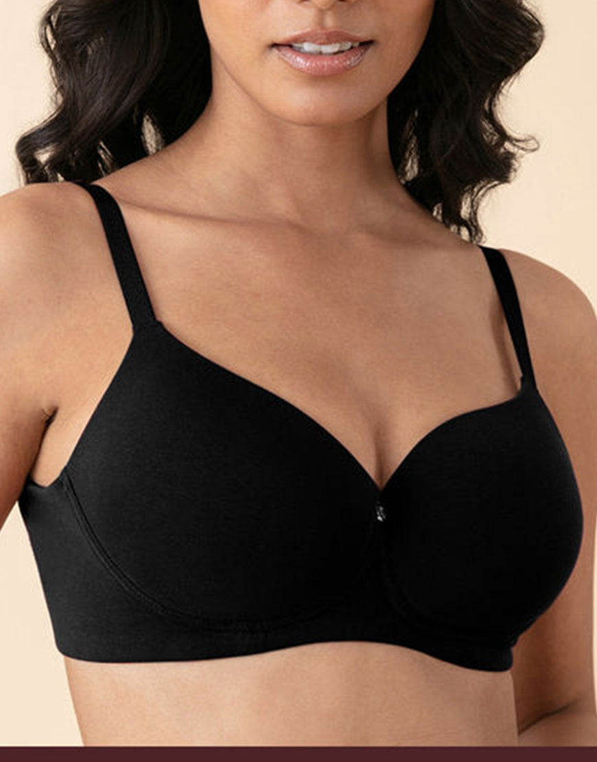 Side-smoothing, organic-washed, antibacterial cotton T-shirt bra without underwire – Black