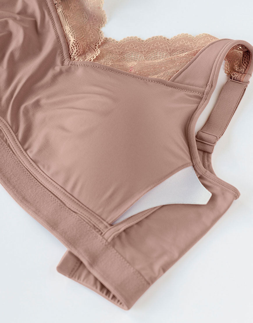 NEW! Pocketed Mastectomy Bra – Wire-Free, Lace, Removable Pads – Tea Pink