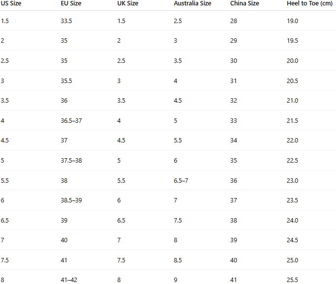 Size chart for Rachel – Orthopedic Boots 
