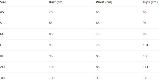 Size chart for Calista Blouse