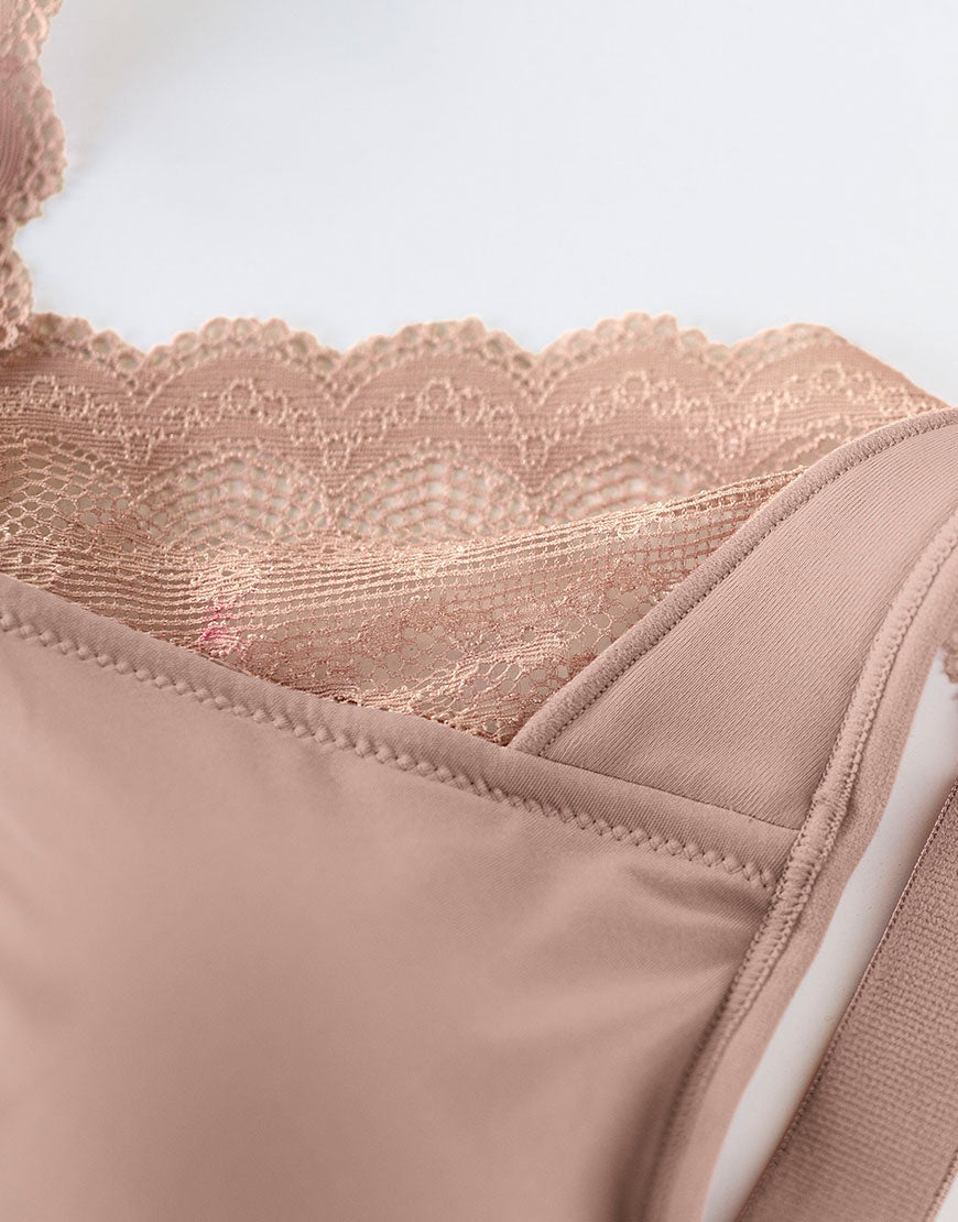 NEW! Pocketed Mastectomy Bra – Wire-Free, Lace, Removable Pads – Tea Pink