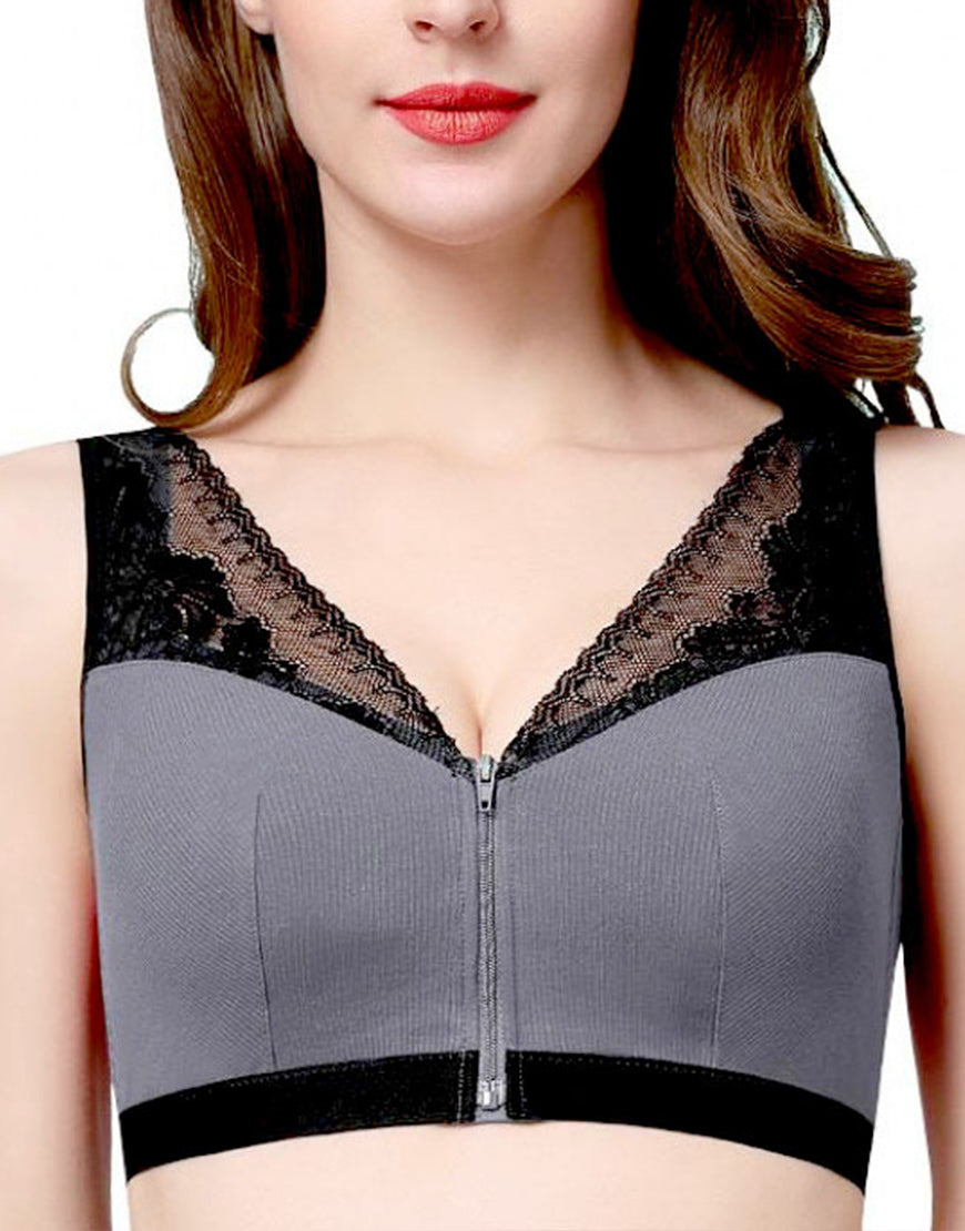 Ribbed Post-Operative Bra with Front Zipper and Pockets – Grey