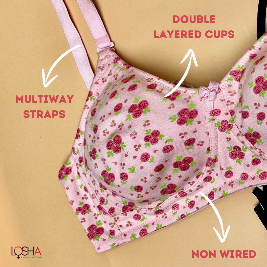 Double-layered, non-wired, printed cotton bra – Baby Rose Print