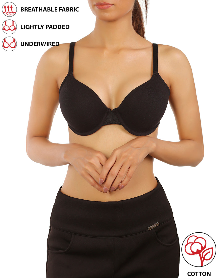 Cotton underwire bra, lightly padded, T-shirt style – Black