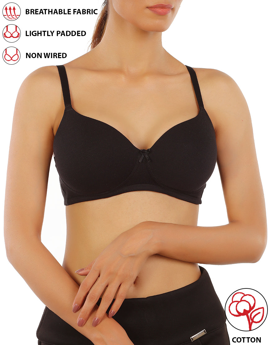 LOSHA Cotton Non-Wired Lightly Padded T-Shirt Bra – Black