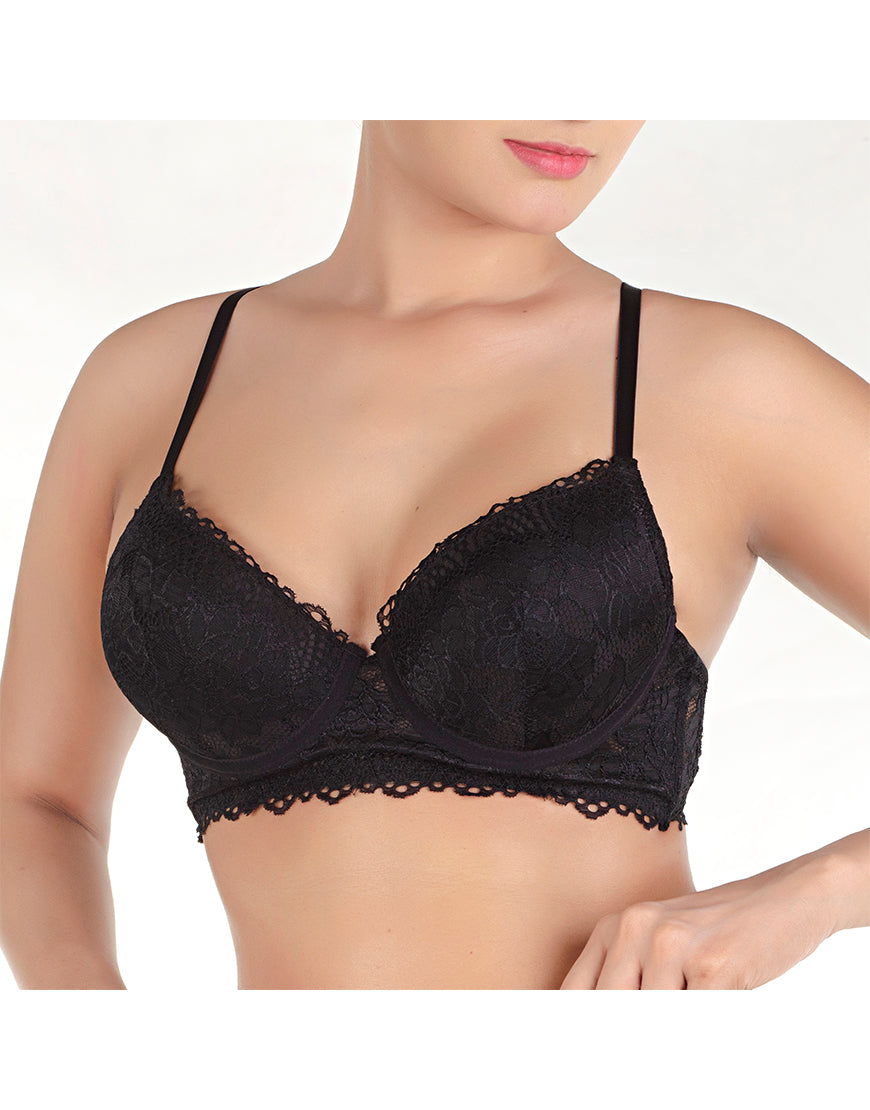 Lace and mesh push-up bra with suspender belt and thong – Black