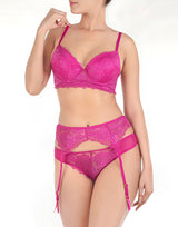 Lace and mesh push-up bra with suspender belt and thong – Festival Fuchsia