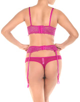 Lace and mesh push-up bra with suspender belt and thong – Festival Fuchsia