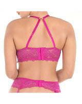 Lace and mesh push-up bra with suspender belt and thong – Festival Fuchsia