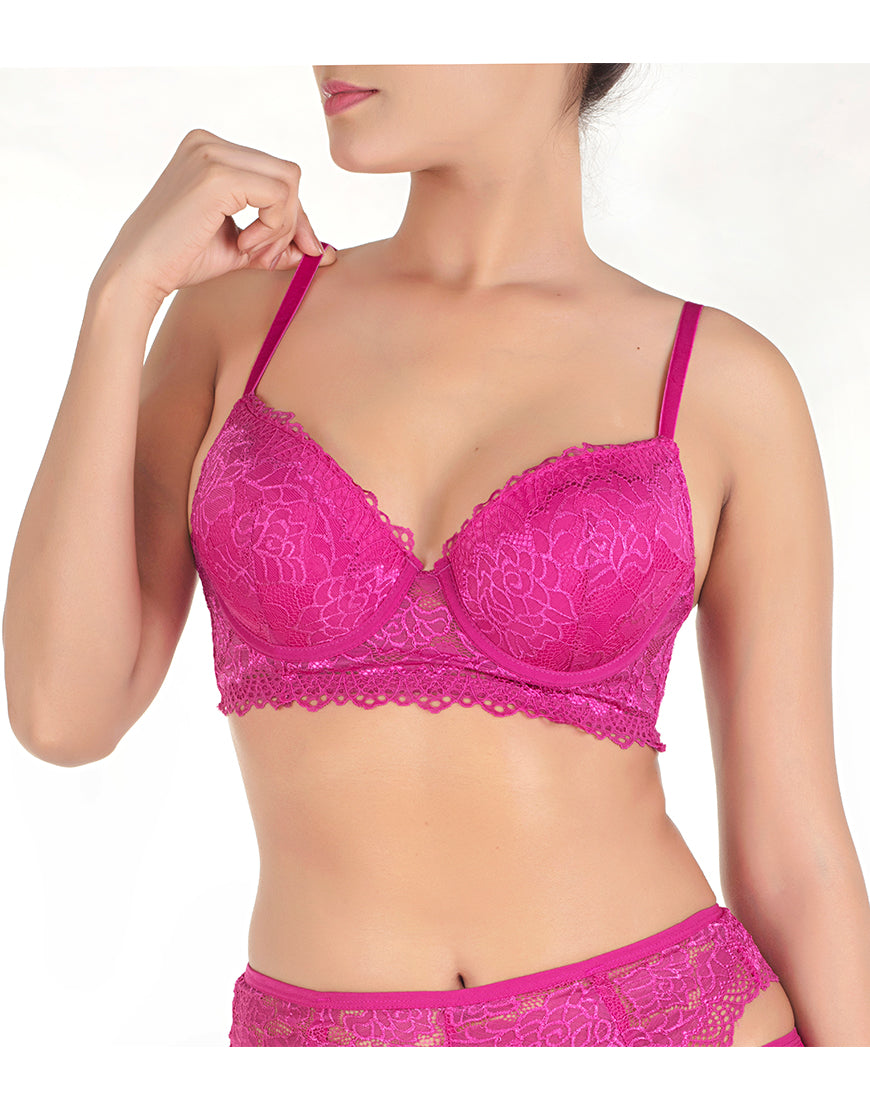 Lace and mesh push-up bra with suspender belt and thong – Festival Fuchsia