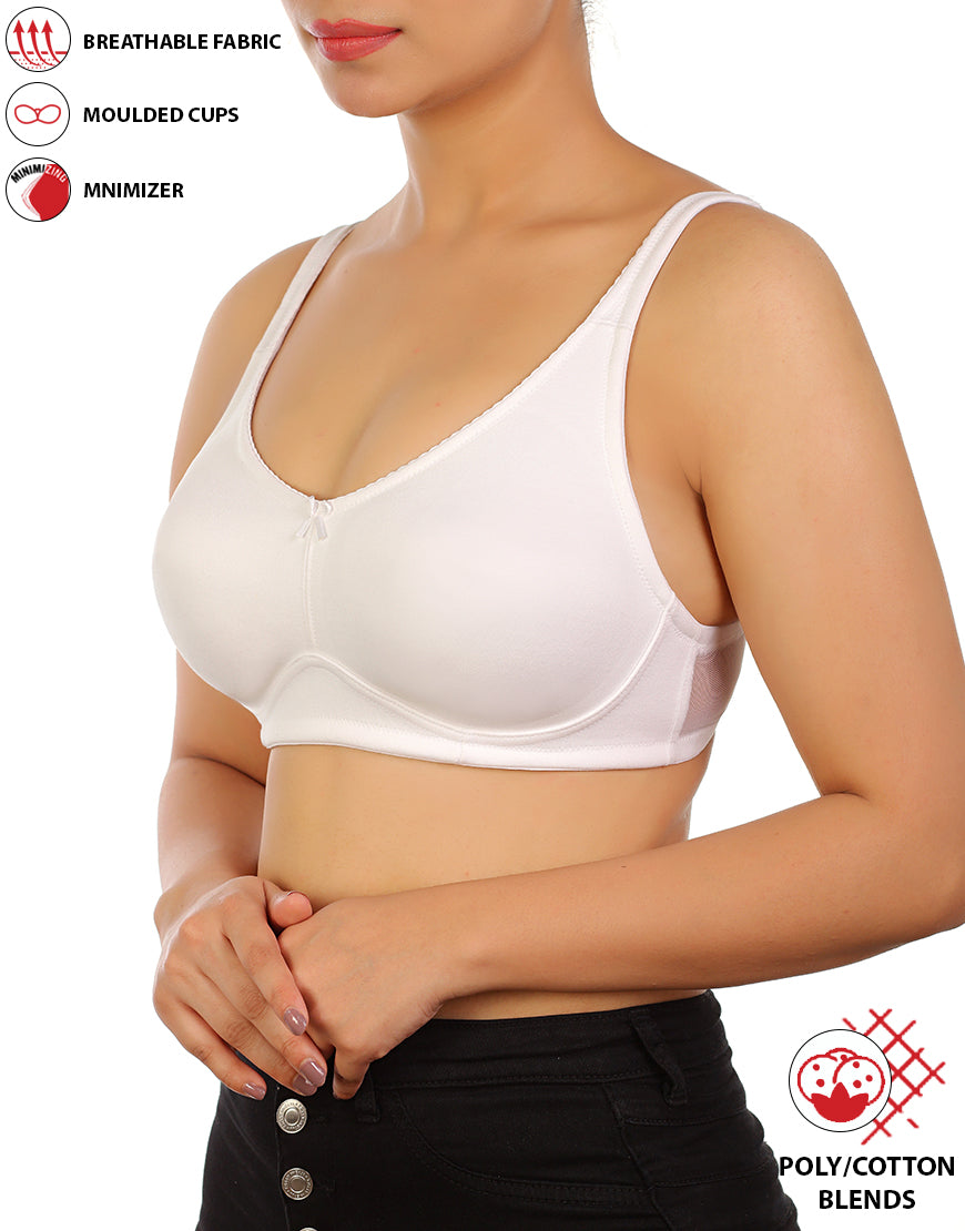 Full Coverage Bra, Super Support, Seamless Molded Cups, Minimizer – White
