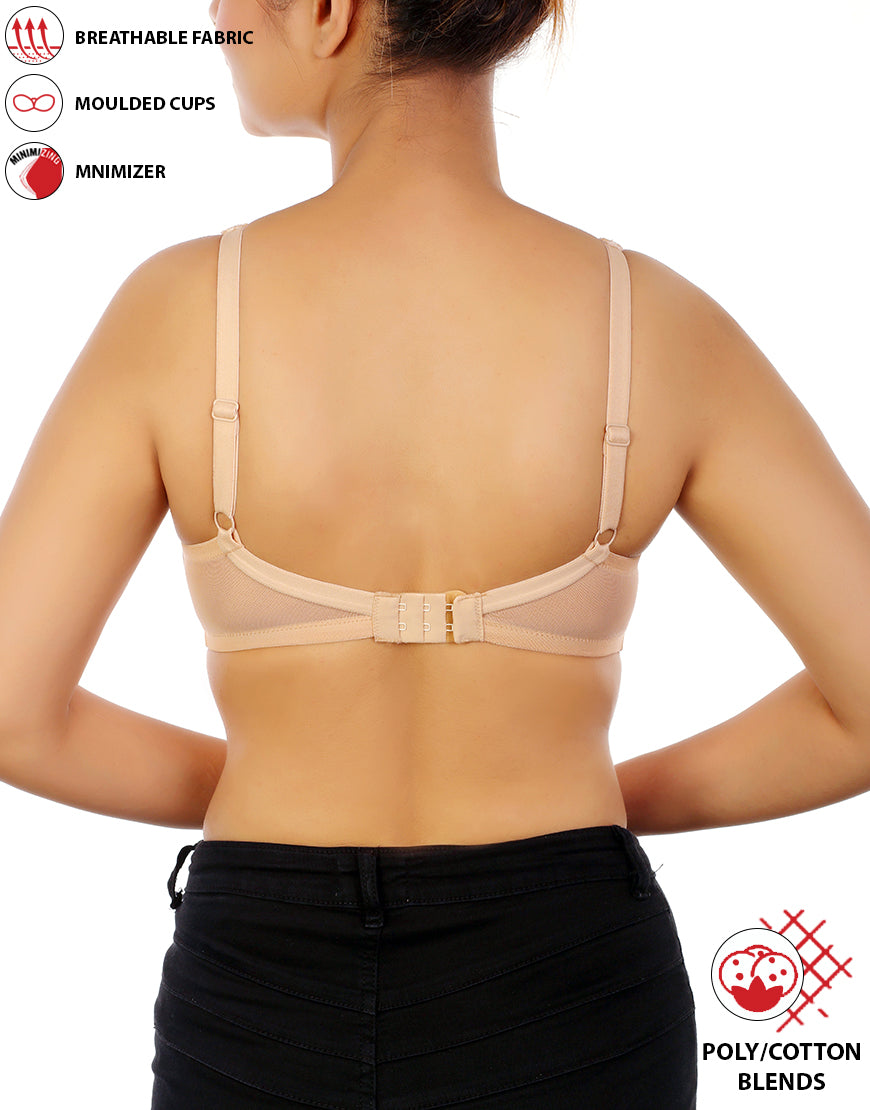 Full coverage bra, super support, seamless molded cups, minimizer – nude