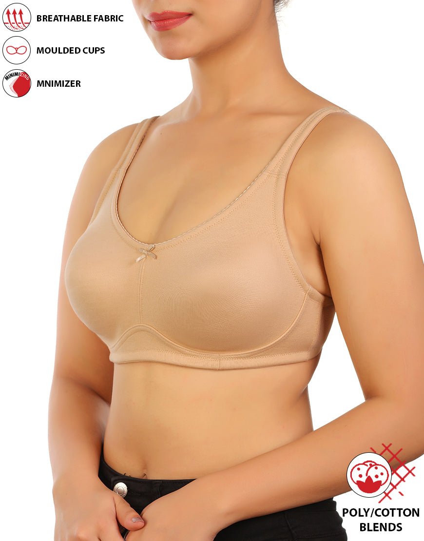 Full coverage bra, super support, seamless molded cups, minimizer – nude