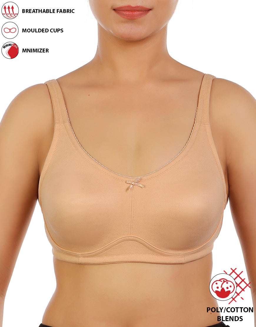 Full coverage bra, super support, seamless molded cups, minimizer – nude